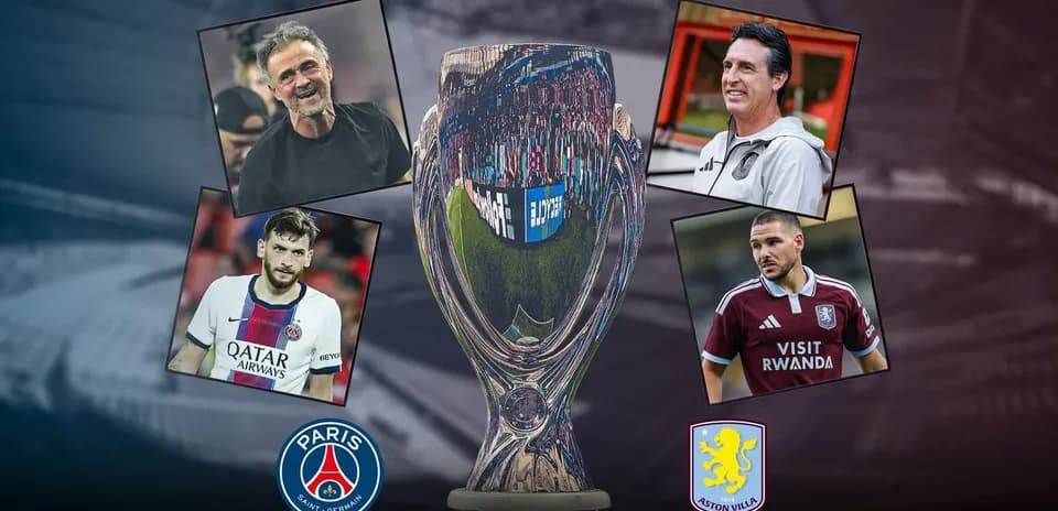 Trofeo con entrenadores y jugadores de PSG y Aston Villa