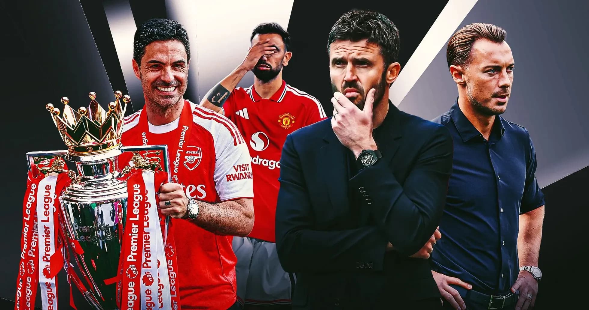 Entrenadores y jugadores de fútbol con trofeo de Premier League