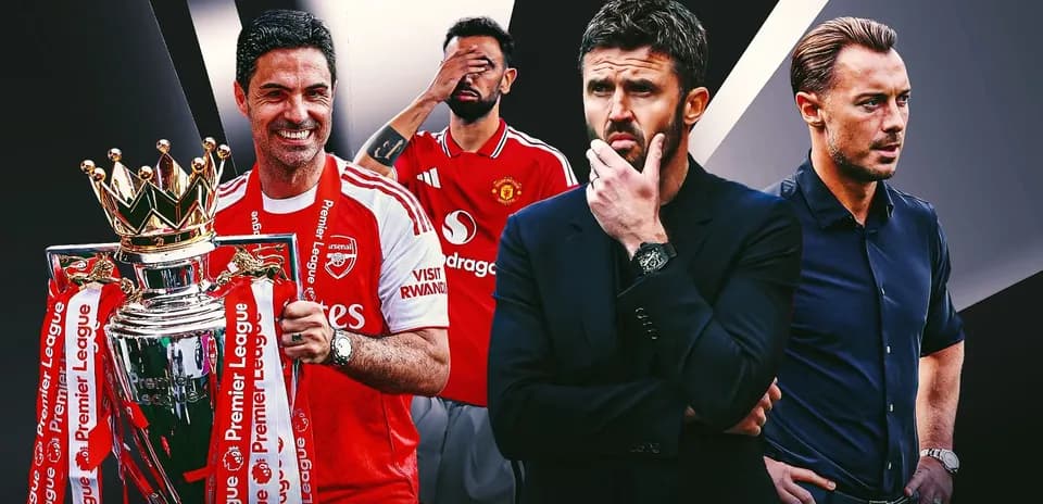 Entrenadores y jugadores de fútbol con trofeo de Premier League
