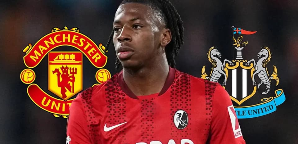 Jugador de fútbol con logos de Manchester United y Newcastle