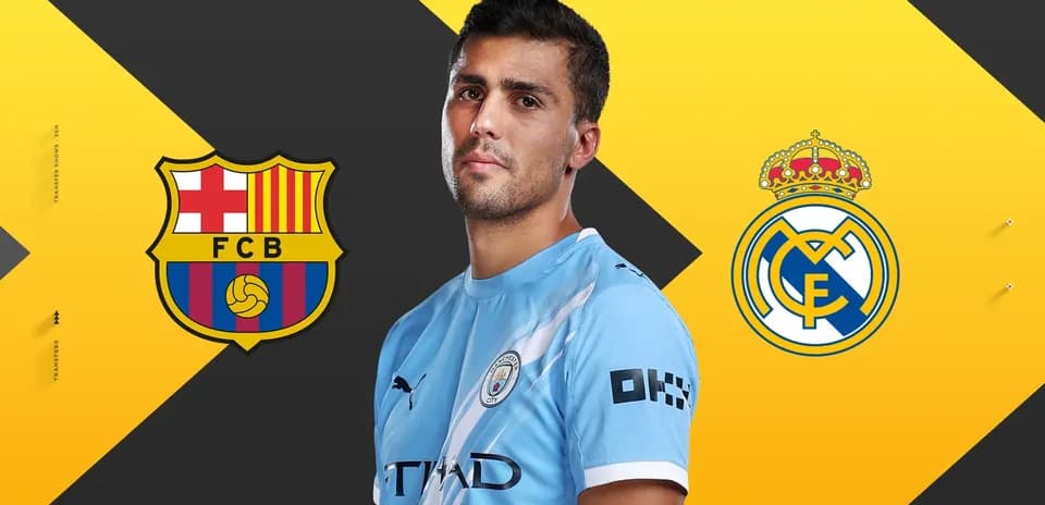 Jugador en camiseta del Manchester City con logos de Barça y Madrid