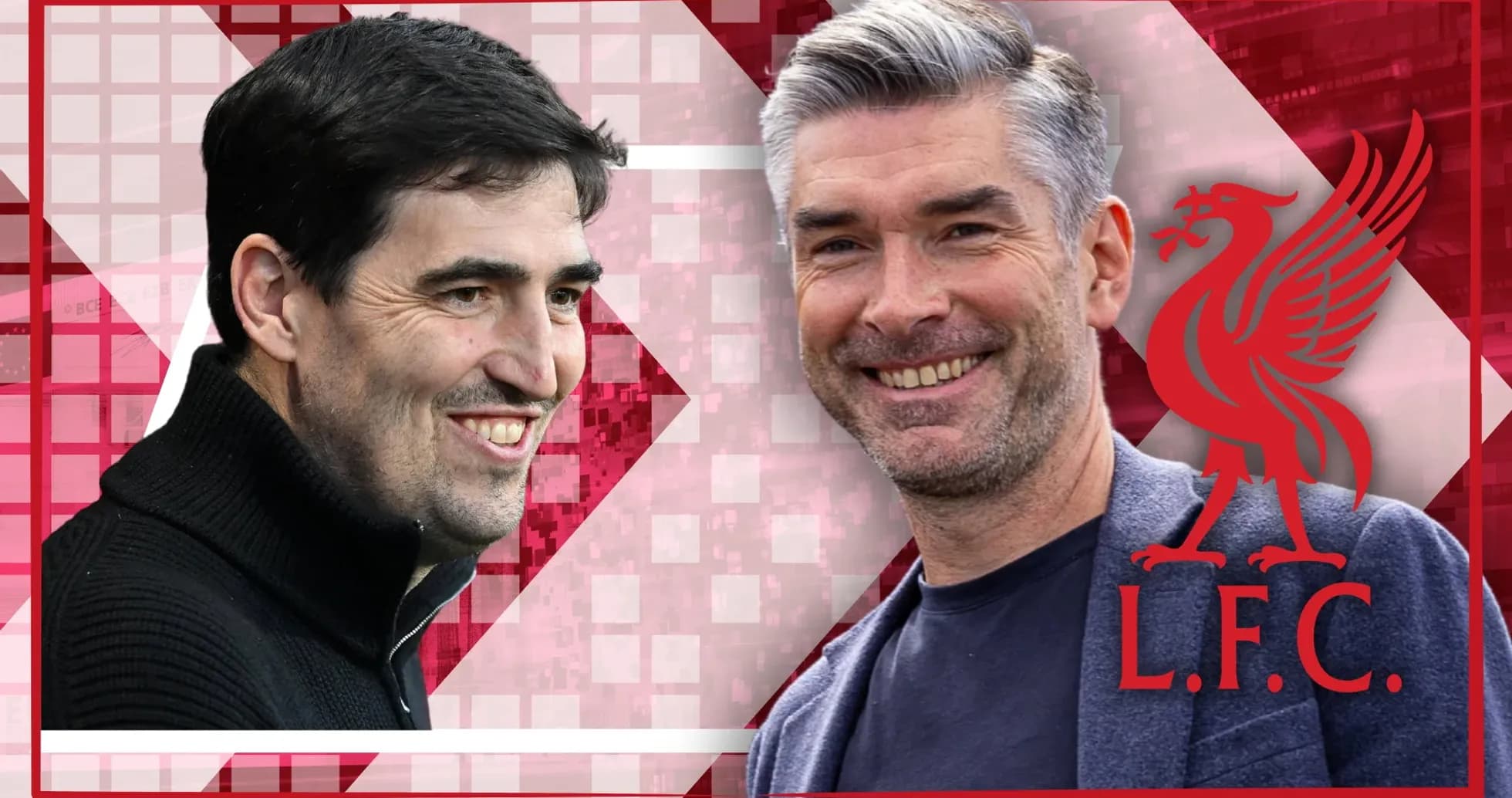 Entrenadores sonriendo frente a fondo gráfico de Liverpool