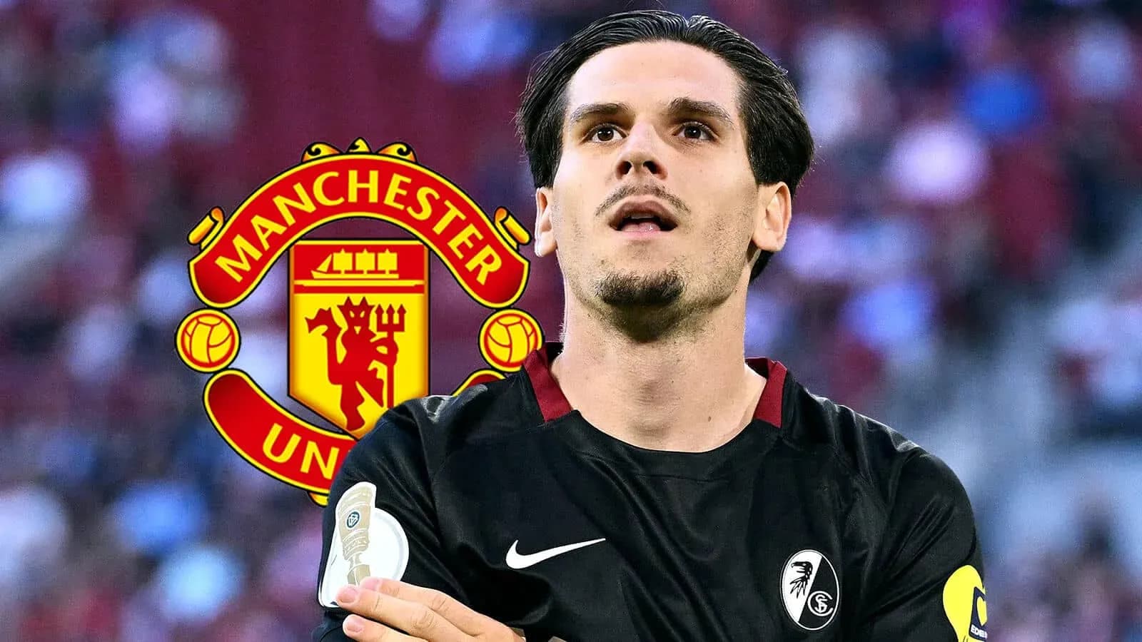 Jugador de fútbol con uniforme de Freiburg y logo de Manchester United