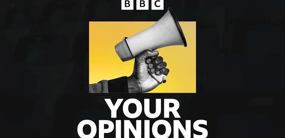 Man holding a megaphone with text 'YOUR OPINIONS'