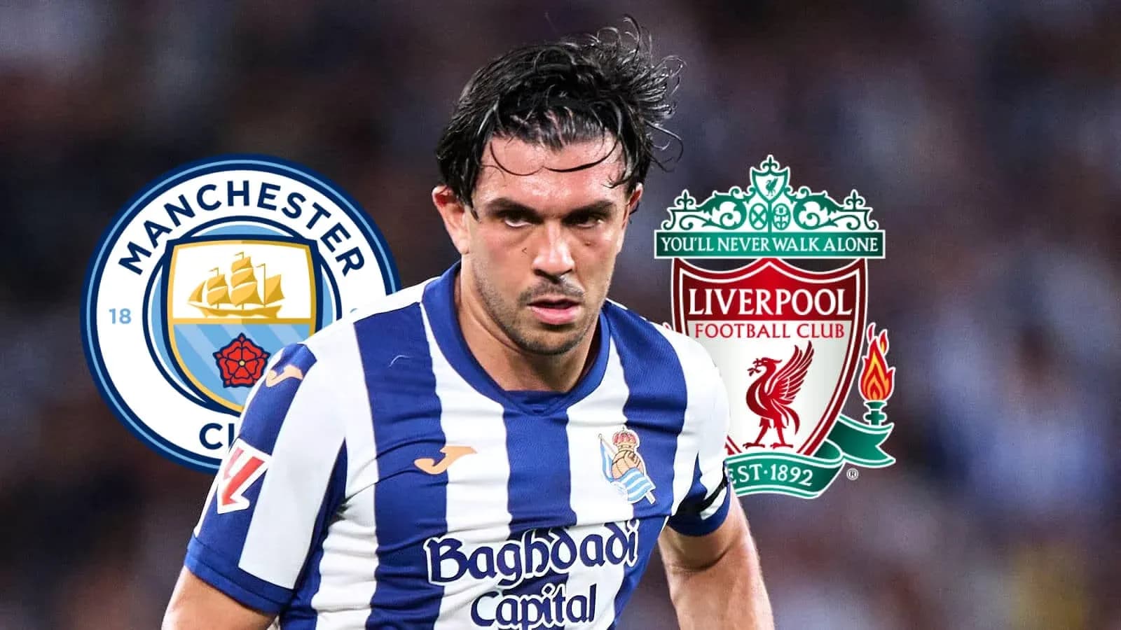 Jugador corriendo entre logotipos de Manchester City y Liverpool