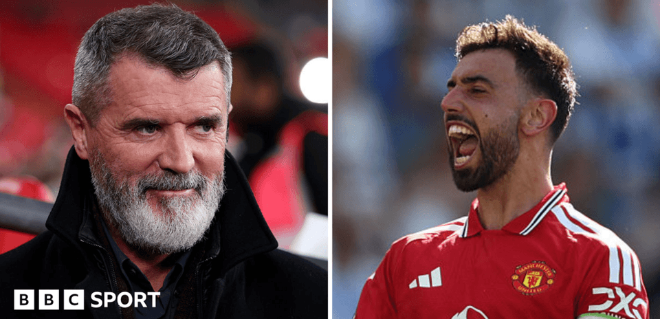 Roy Keane y Bruno Fernandes en evento de fútbol
