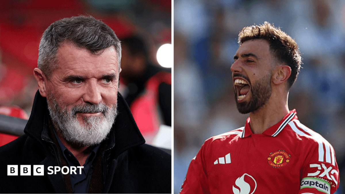 Roy Keane y Bruno Fernandes en evento de fútbol