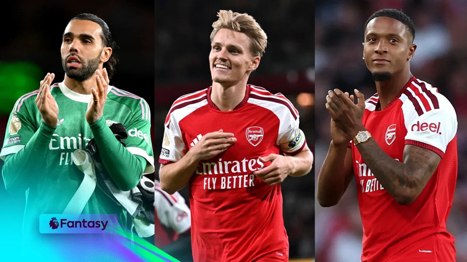 Tres jugadores de Arsenal aplaudiendo en el campo