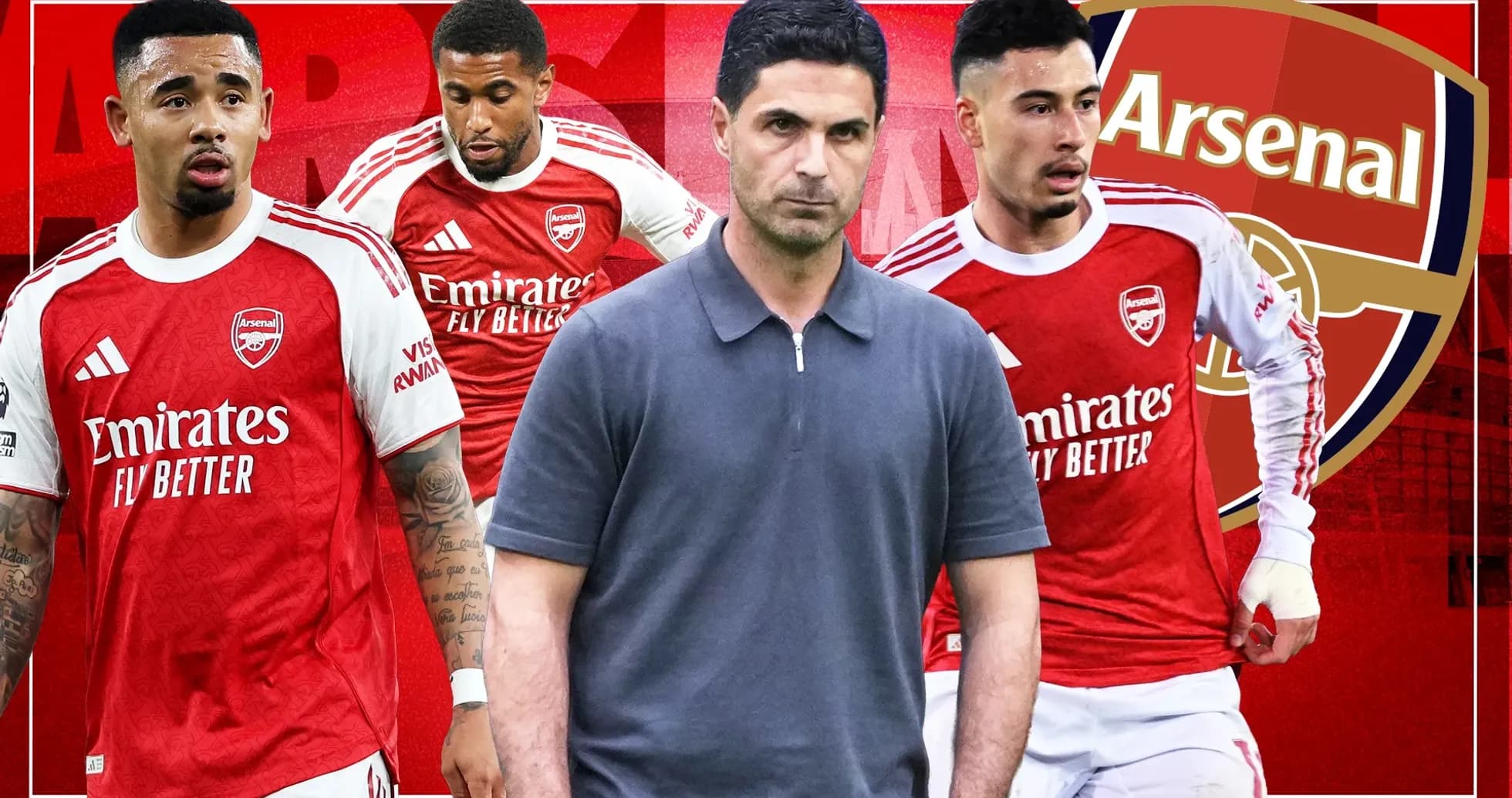Jugadores de Arsenal y entrenador en fondo rojo