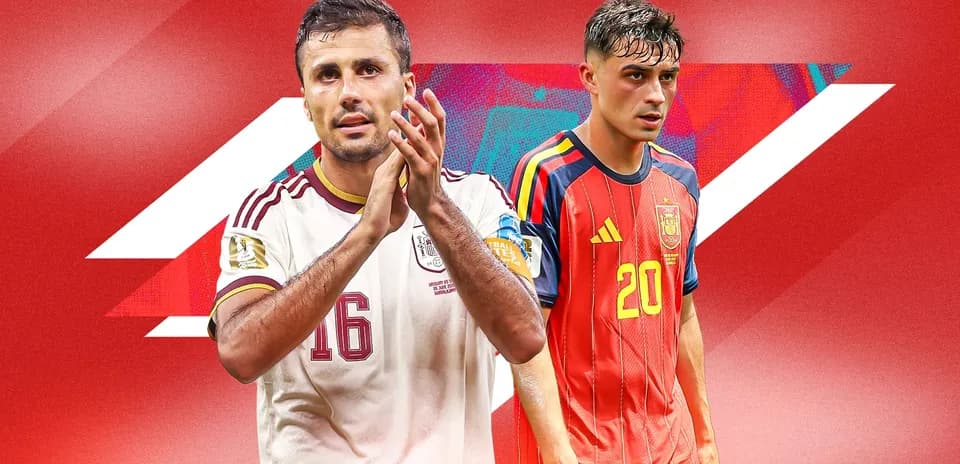 Jugadores de México y España en fondo rojo