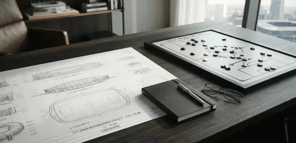 Planos y tablero táctico en una mesa de oficina