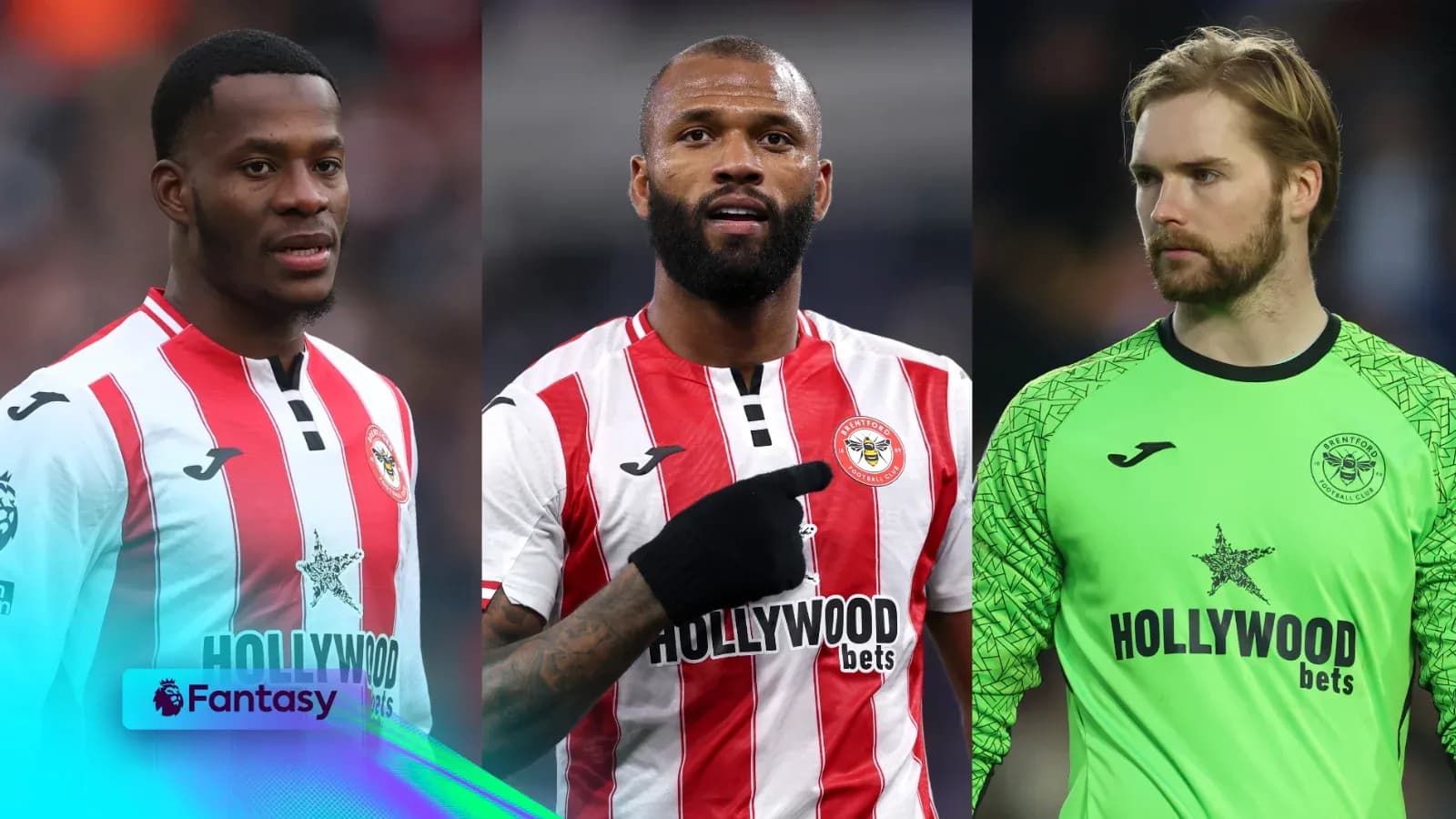 Tres jugadores de Brentford en uniforme durante partido