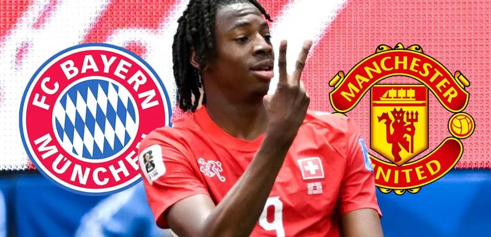 Jugador suizo mostrando dos dedos con logos de Bayern y Manchester