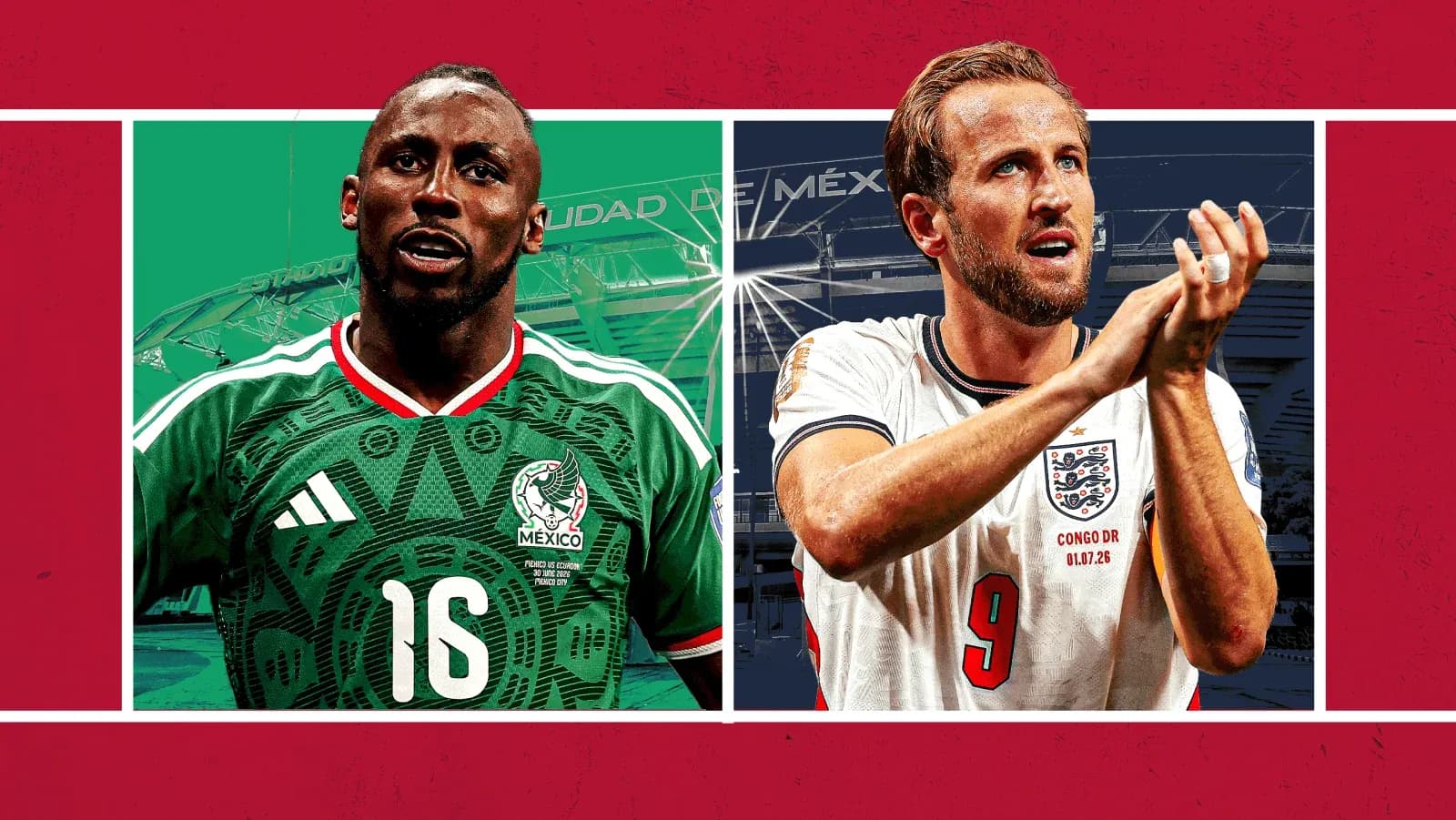Jugadores de México e Inglaterra en el estadio