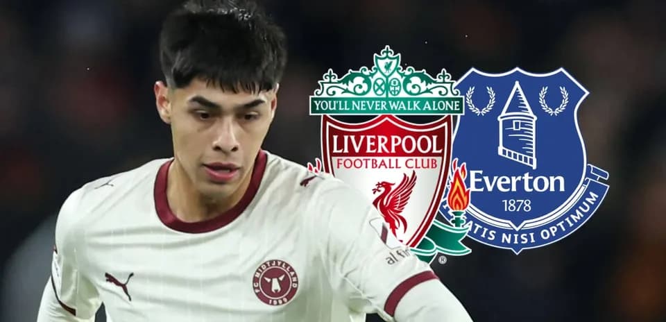 Jugador en acción con logotipos de Liverpool y Everton