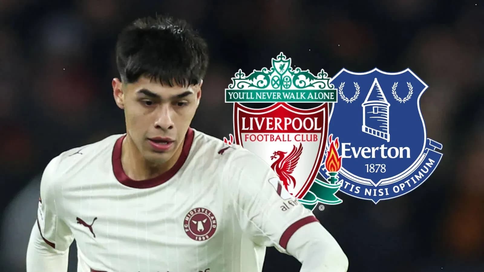 Jugador en acción con logotipos de Liverpool y Everton