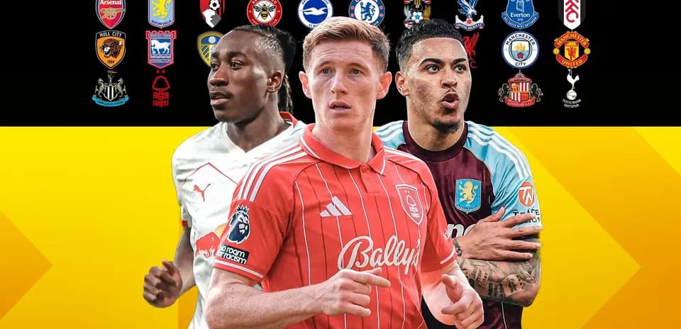 Tres jugadores de fútbol con escudos de equipos detrás