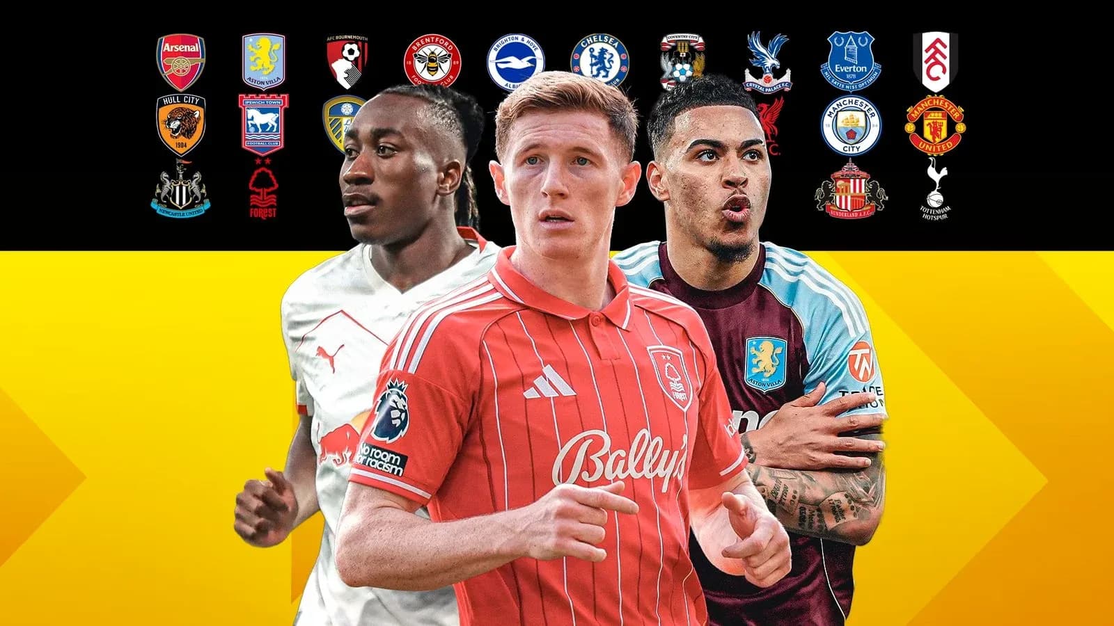 Tres jugadores de fútbol con escudos de equipos detrás