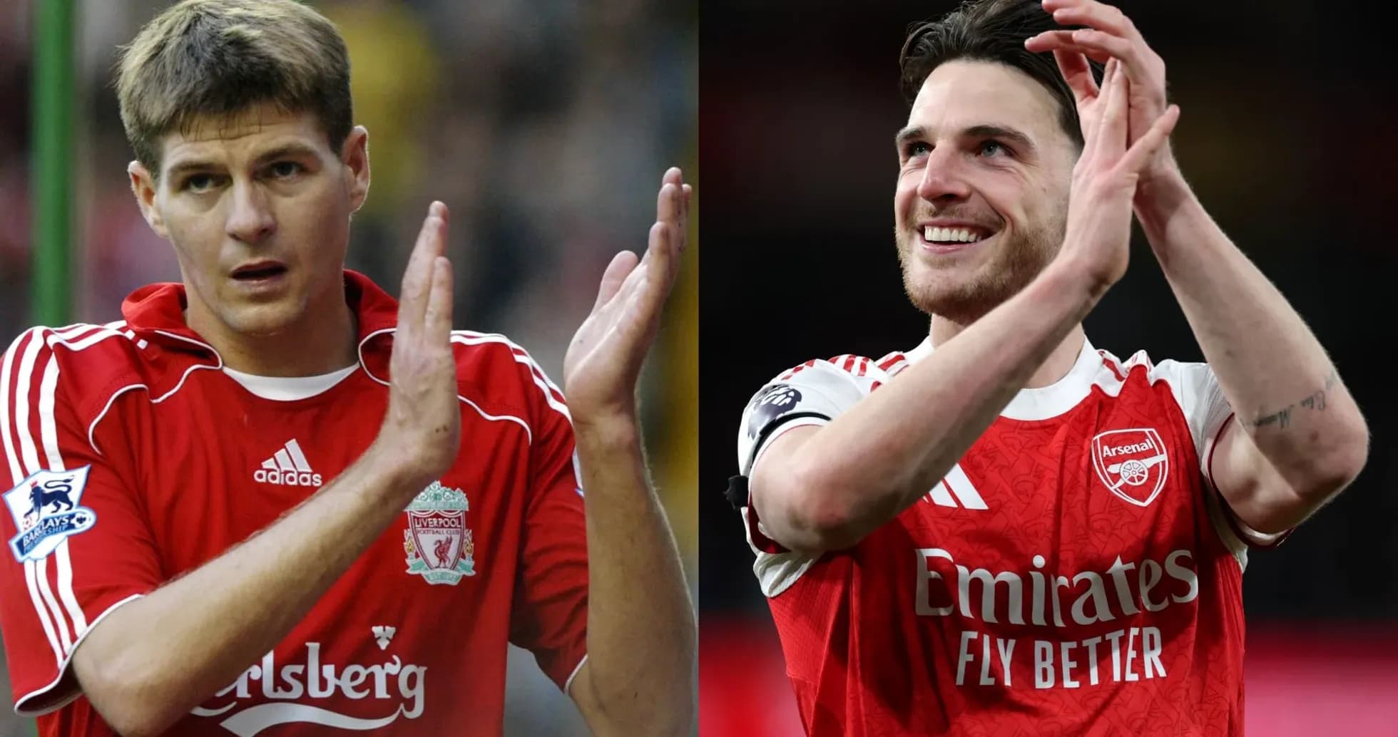 Jugadores aplaudiendo en sus camisetas de Liverpool y Arsenal