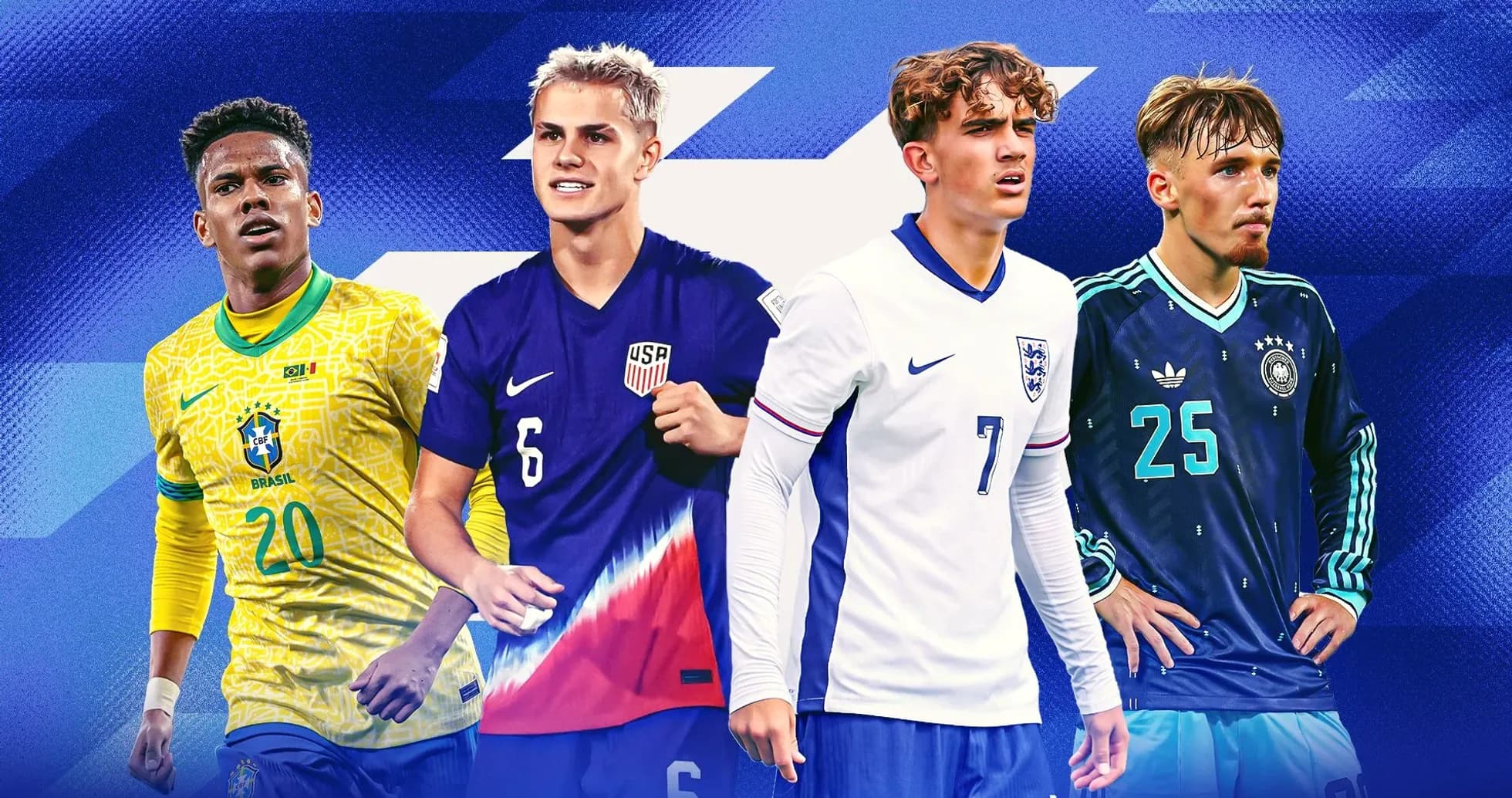 Cuatro jugadores de fútbol en uniforme de selección