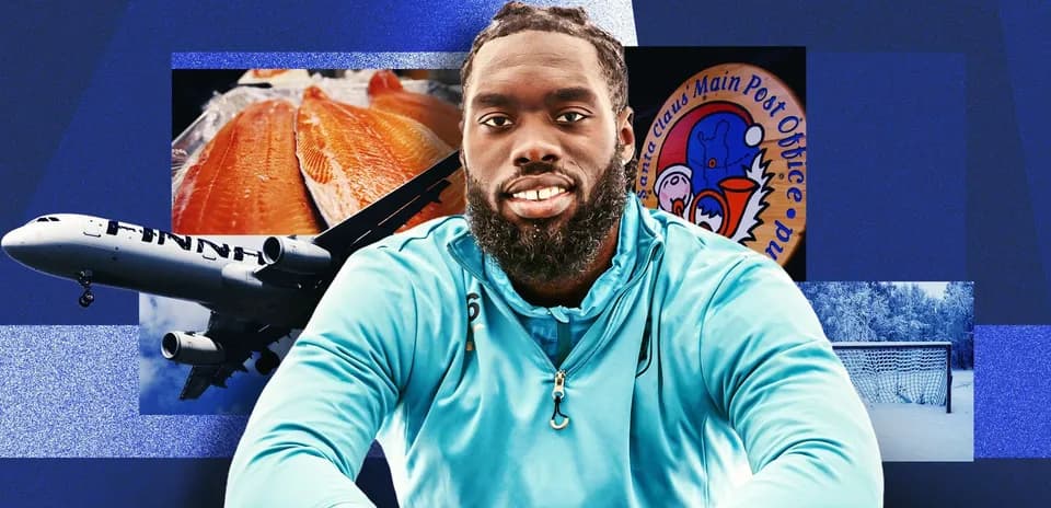 Jugador sonriente con fondo de avión y pescado