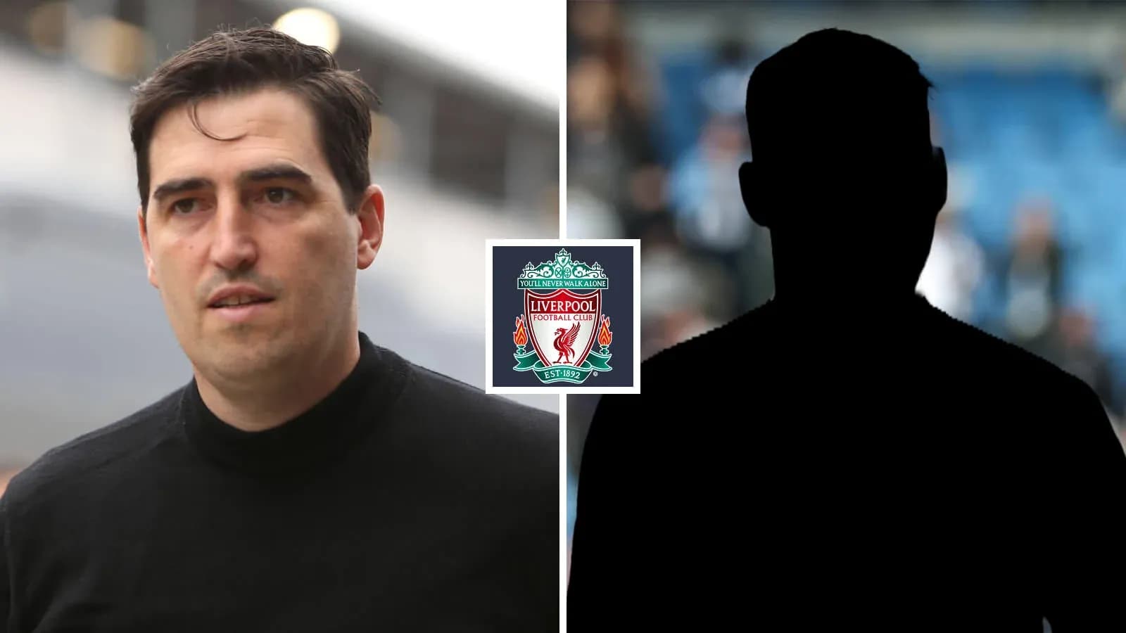 Hombre caminando junto al logotipo de Liverpool