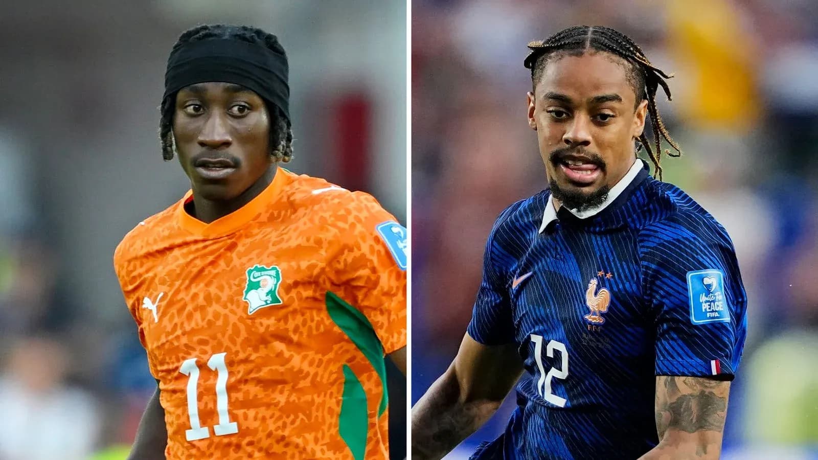 Jugadores de fútbol en acción, representando a sus selecciones