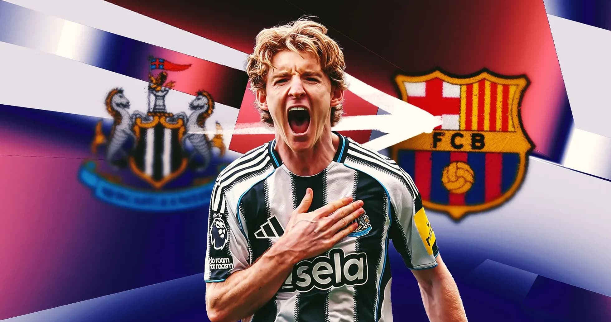 Jugador de Newcastle celebrando con escudo de Barcelona