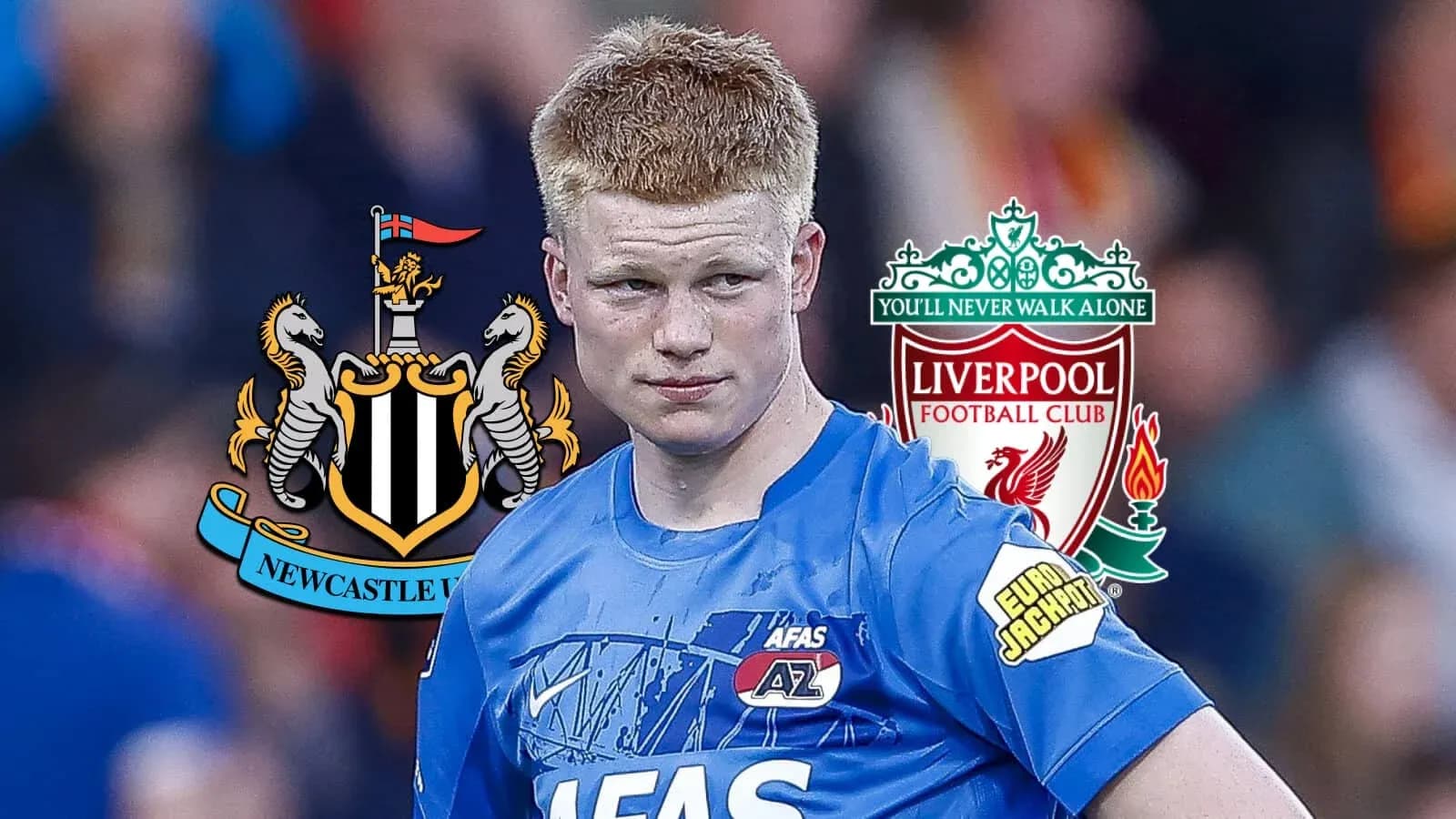 Jugador de AZ Alkmaar con logotipos de Newcastle y Liverpool