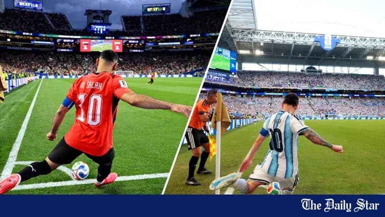 Salah y Messi ejecutando tiros de esquina en partidos