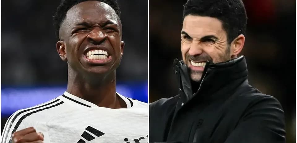 Vinícius Jr. celebrando y Mikel Arteta sonriendo