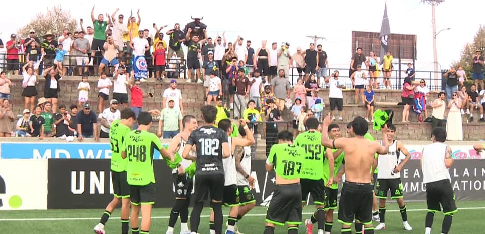 Jugadores celebrando con aficionados en el estadio