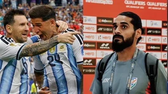 Jugadores de Argentina celebrando un gol y periodista