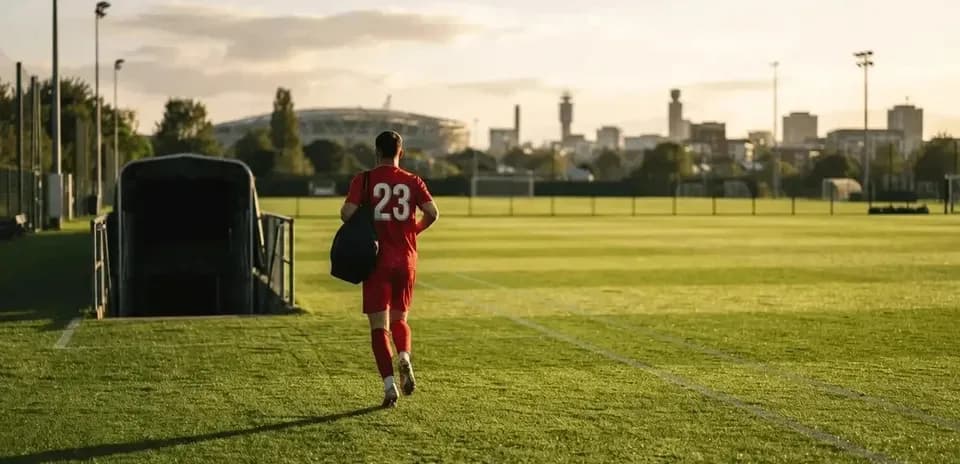 Jugador con camiseta roja saliendo del túnel hacia el campo