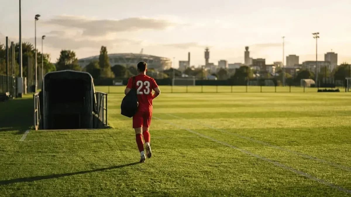 Jugador con camiseta roja saliendo del túnel hacia el campo