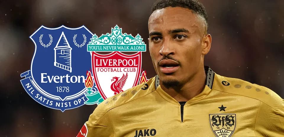 Jugador con camisón en fondo de logos de Everton y Liverpool