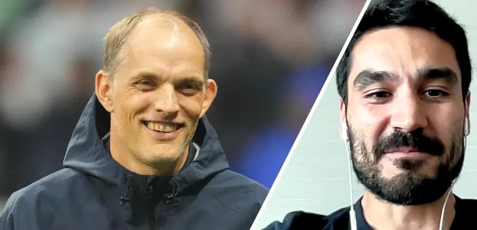 Thomas Tuchel y Ilkay Gündogan sonriendo en video
