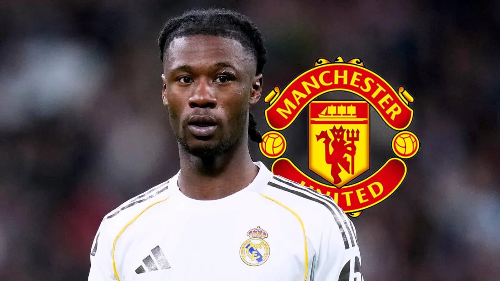 Jugador de Real Madrid con fondo de Manchester United