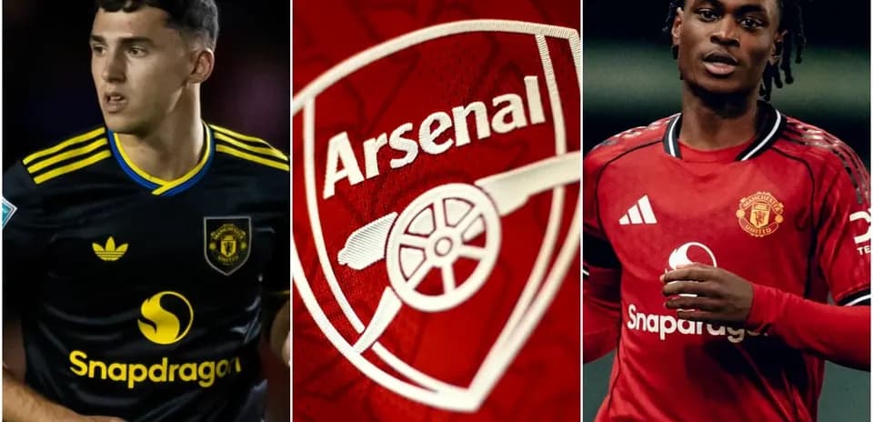Jugadores de Arsenal y Manchester United con logotipos