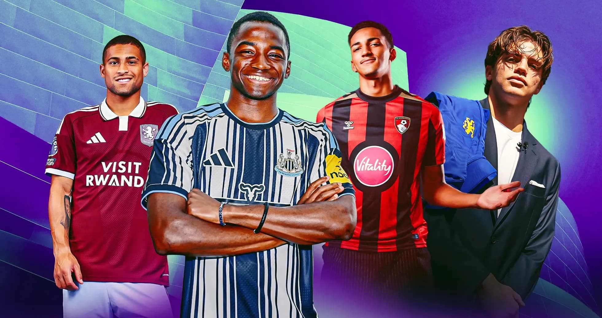 Cuatro futbolistas posando con sus camisetas de club