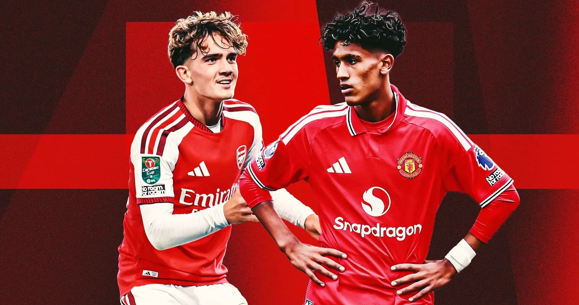 Jugadores de Arsenal y Manchester United en fondo rojo
