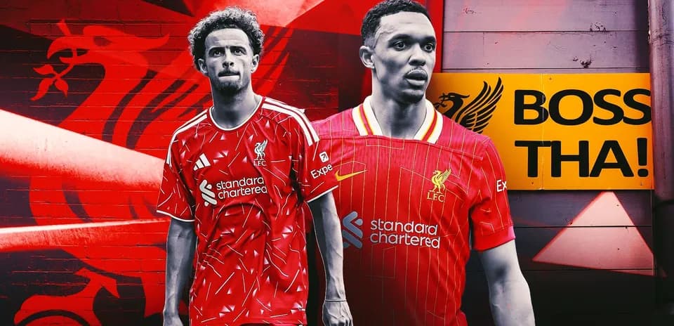 Jugadores de Liverpool con camisetas en fondo rojo