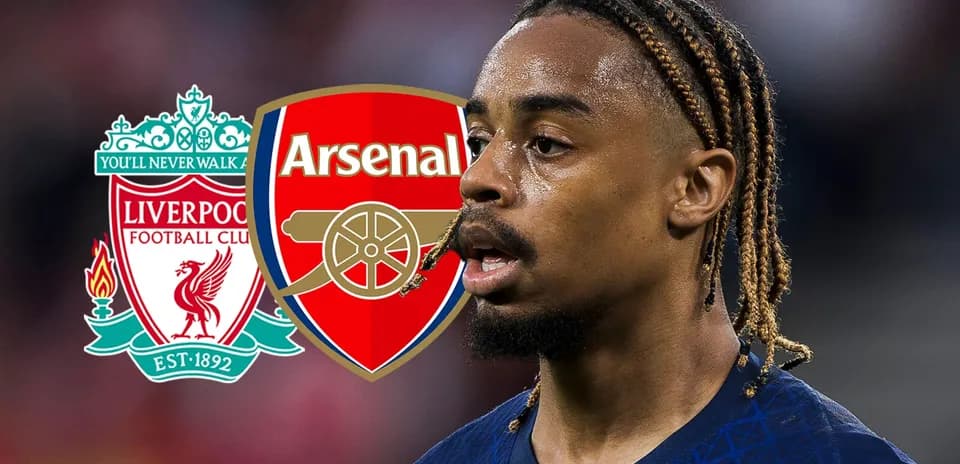 Jugador con trenzas junto a logos de Liverpool y Arsenal