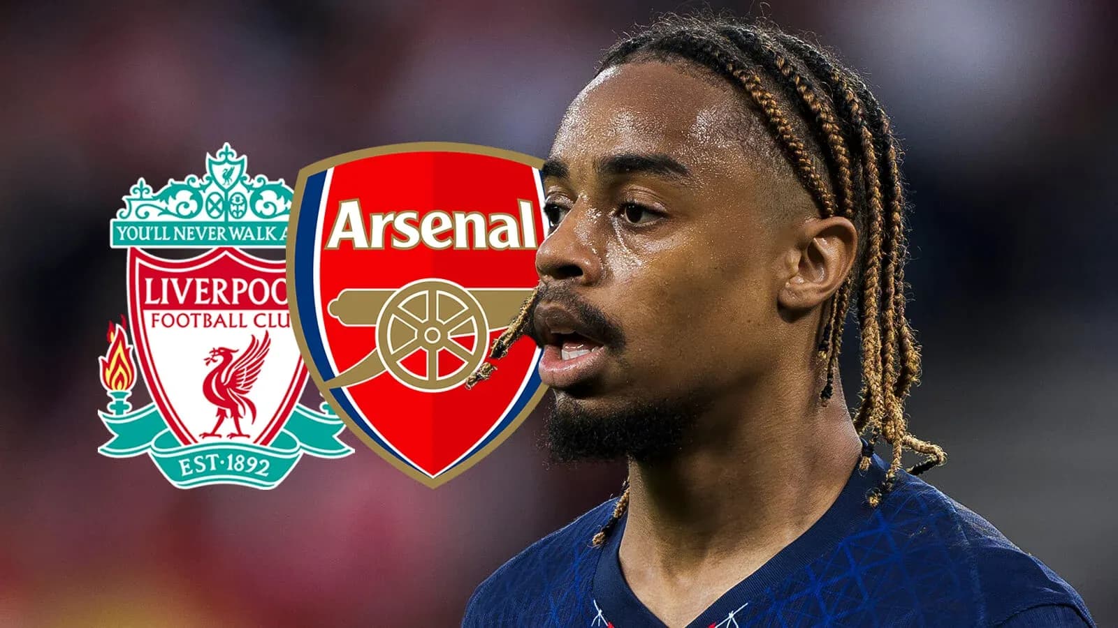 Jugador con trenzas junto a logos de Liverpool y Arsenal