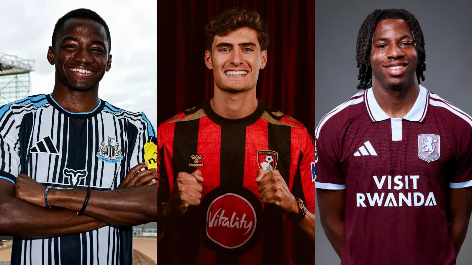 Tres jugadores posando con camisetas de sus equipos
