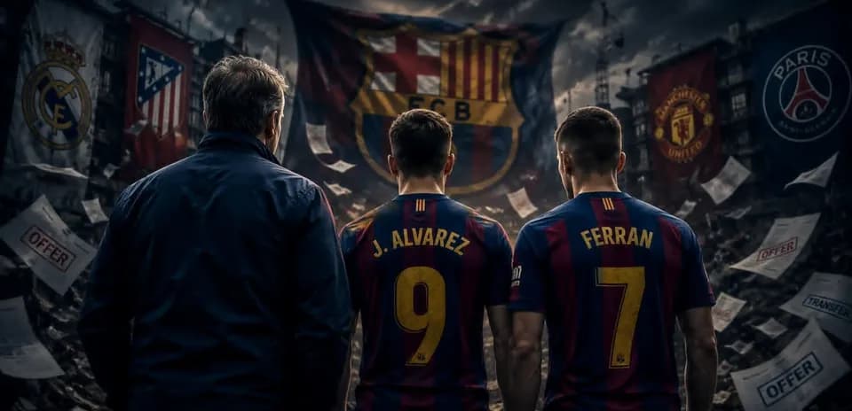 Jugadores de Barcelona con camisetas en fondo de banderas