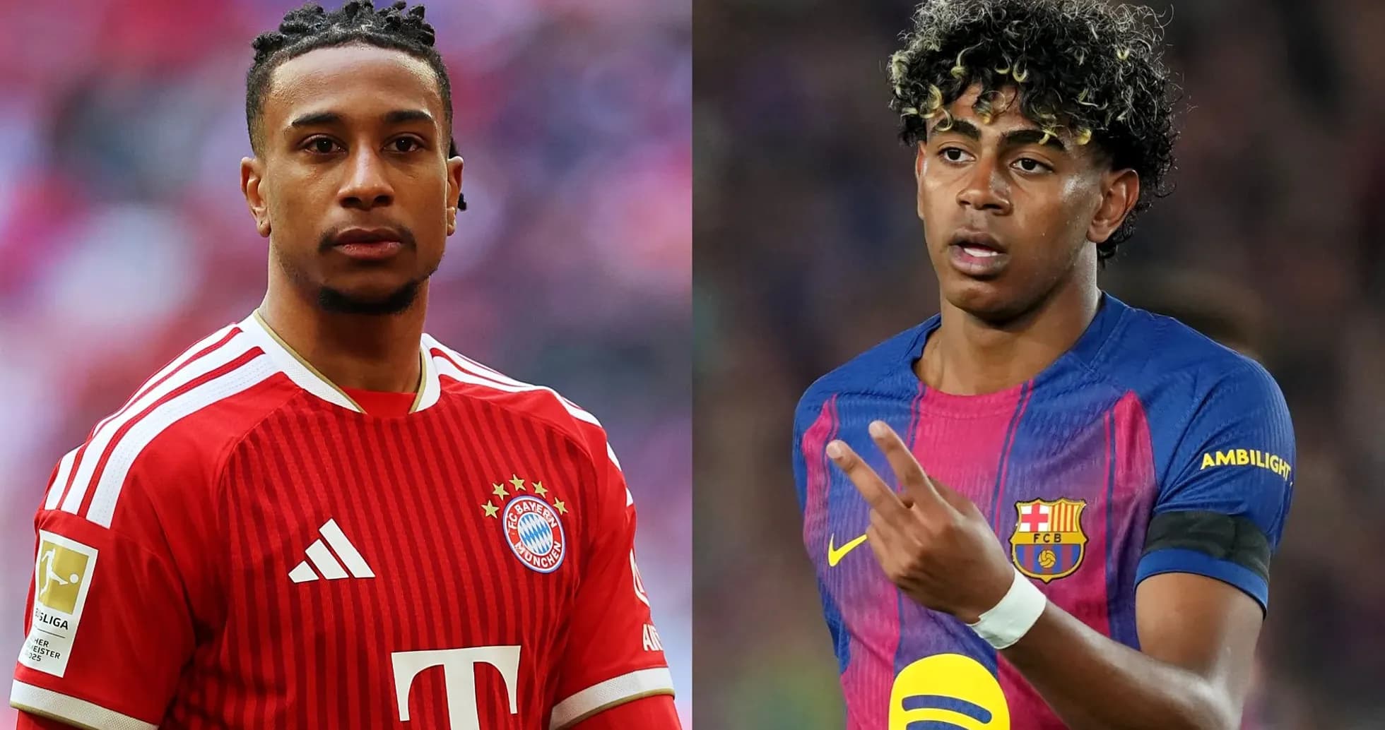 Jugadores de Bayern y Barcelona posando en el campo