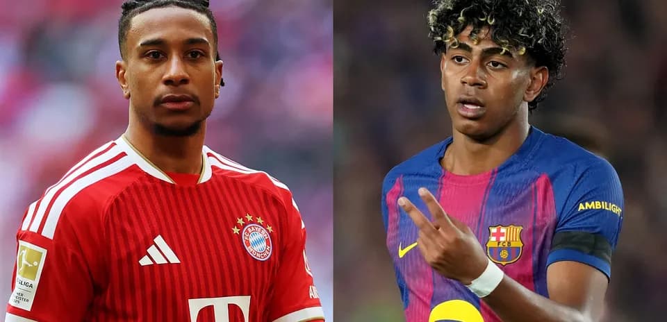 Jugadores de Bayern y Barcelona posando en el campo