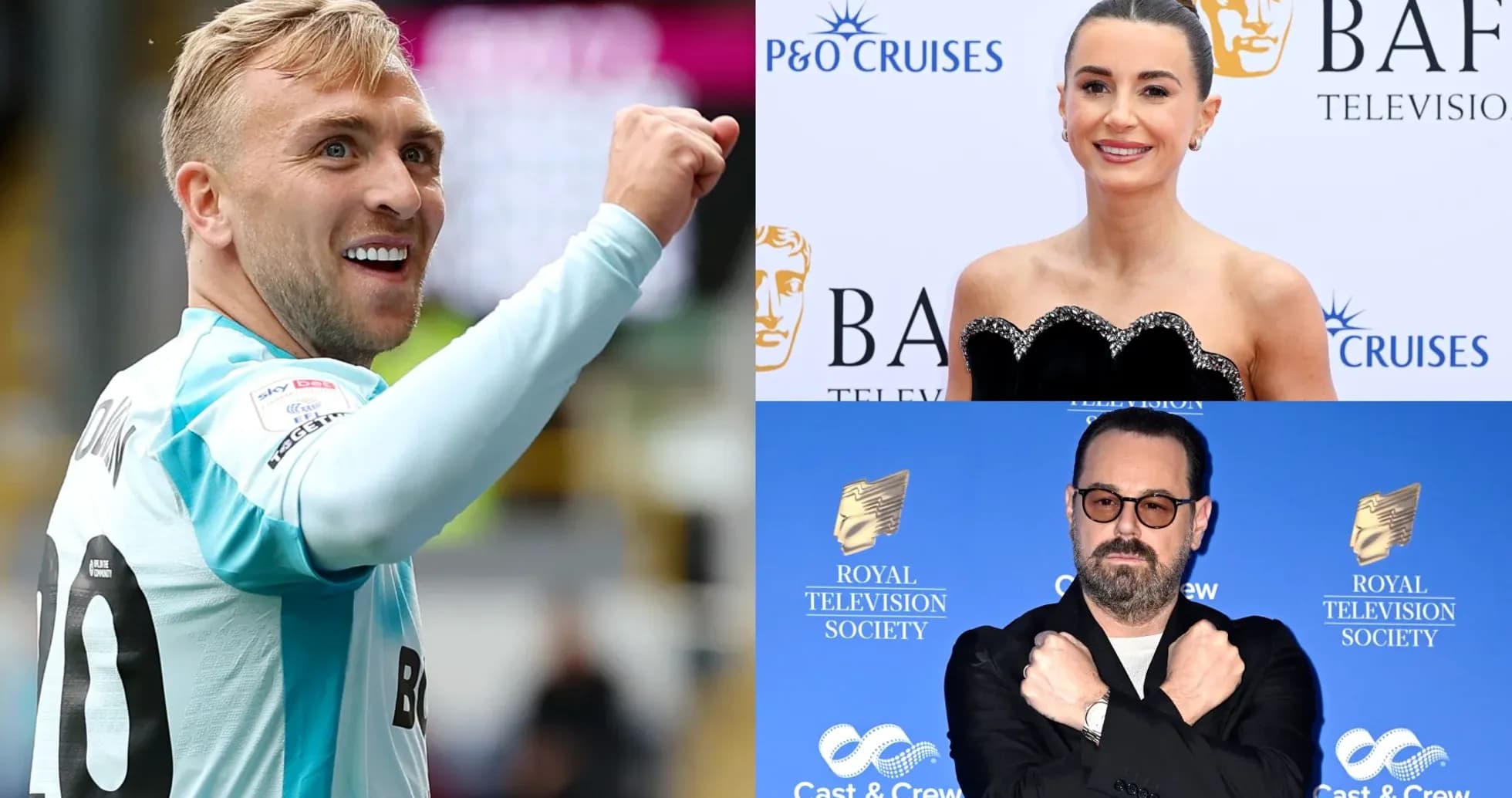 Jugador de fútbol celebrando y dos personas en eventos