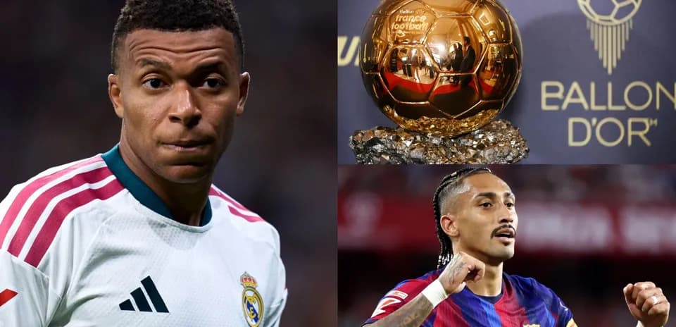 Kylian Mbappé y otro jugador junto al Balón de Oro